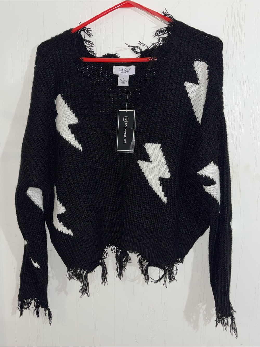 Just Polly Black Distressed Lightning Bolt Sweater size small oversized new
